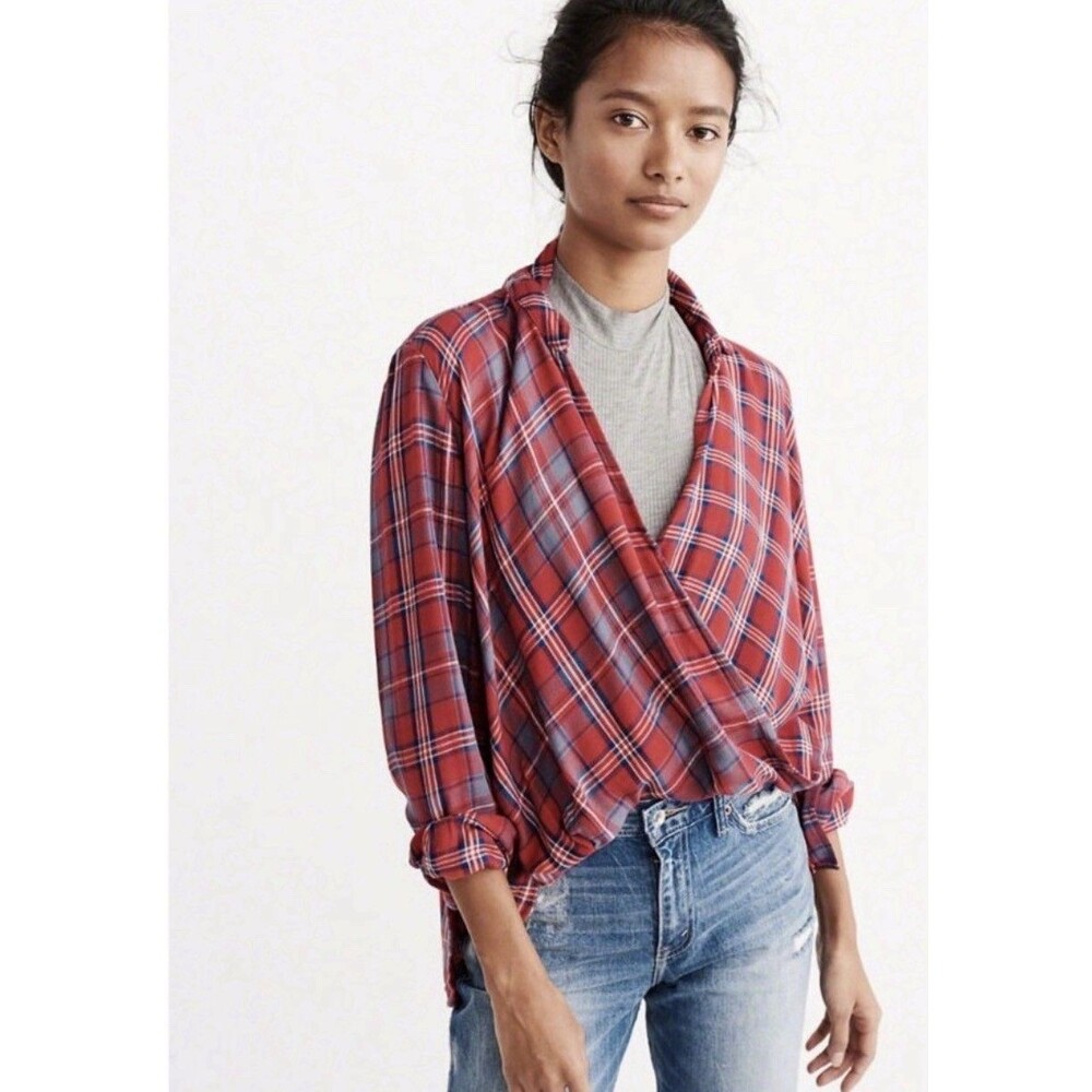 Abercrombie & Fitch Womens Shirt Red Blue Plaid Wrap Draped Front Flannel Medium